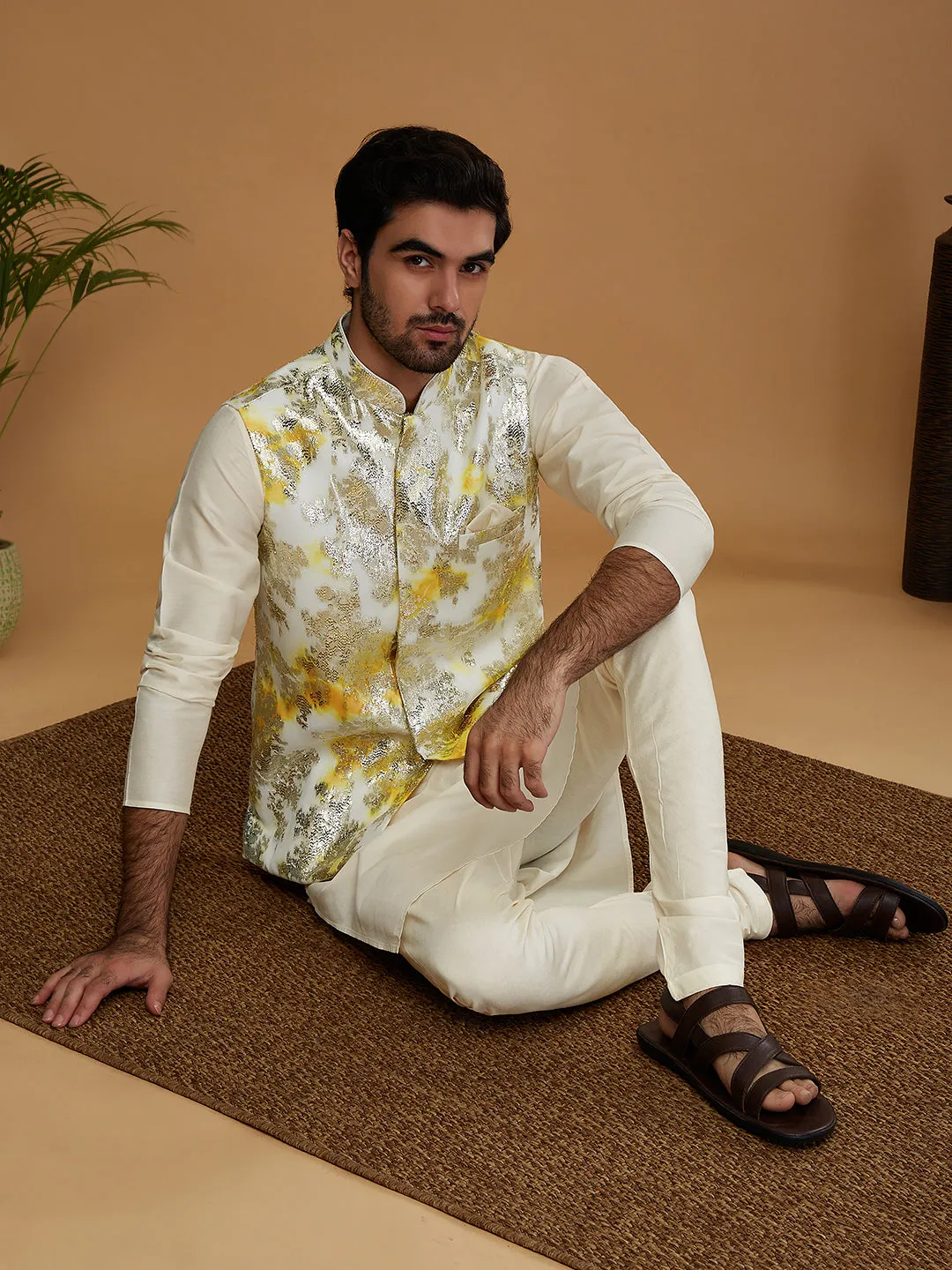 Men Off White Kurta Jacket Churidar Set