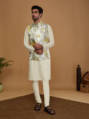 Men Off White Kurta Jacket Churidar Set