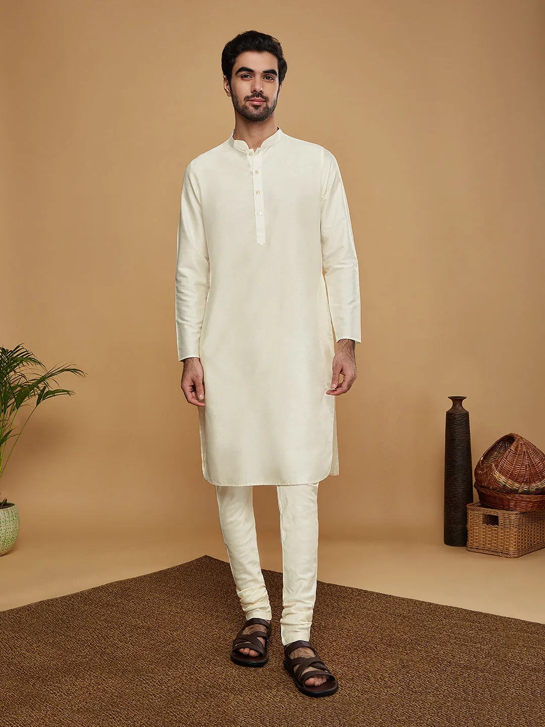 Men Off White Kurta Jacket Churidar Set