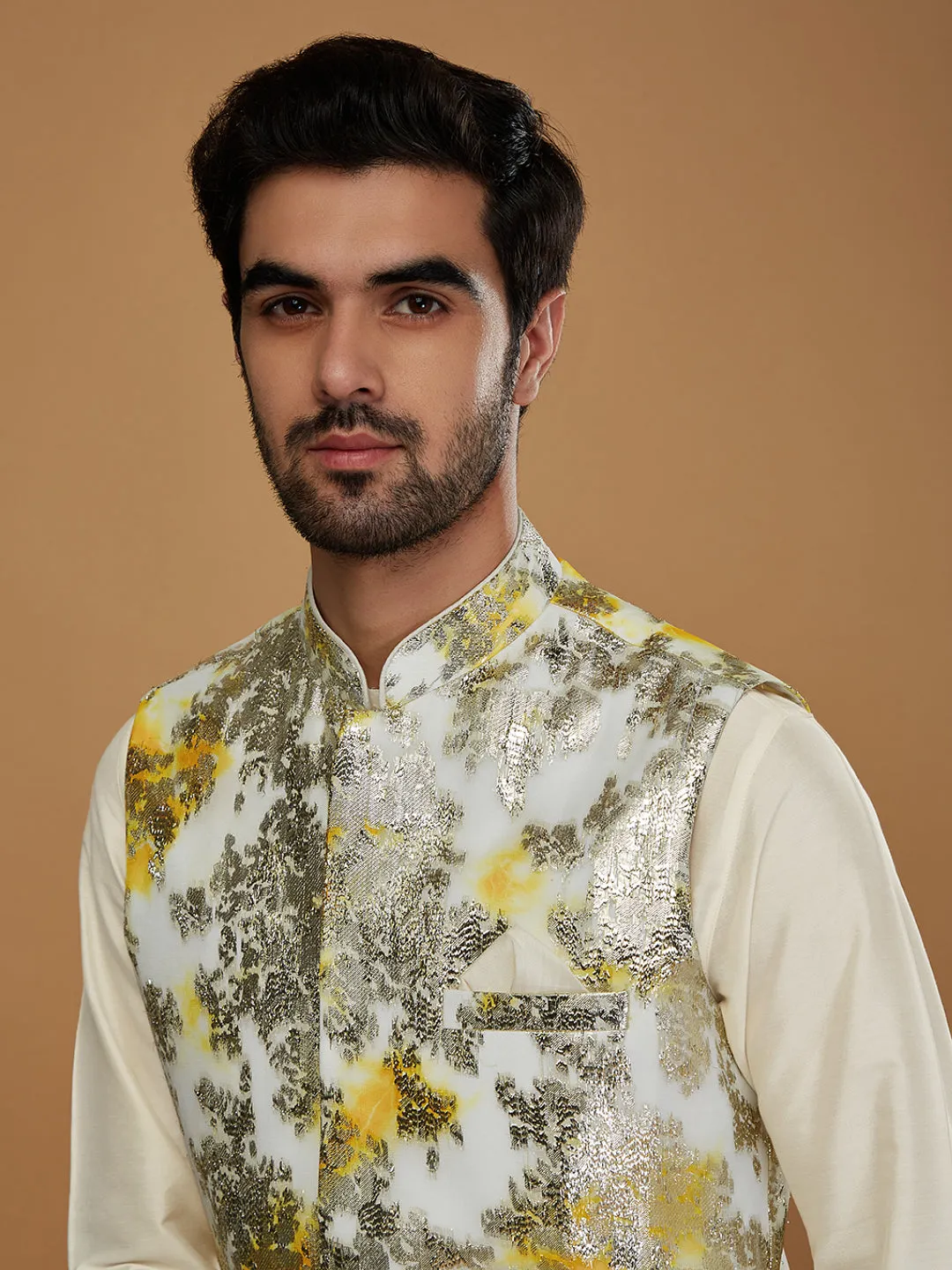 Men Off White Kurta Jacket Churidar Set