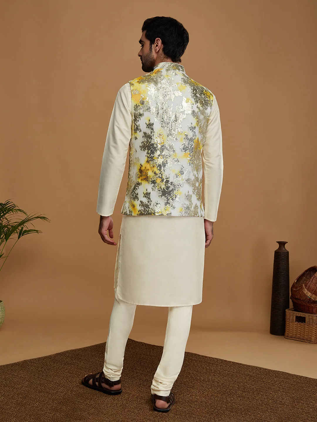 Men Off White Kurta Jacket Churidar Set