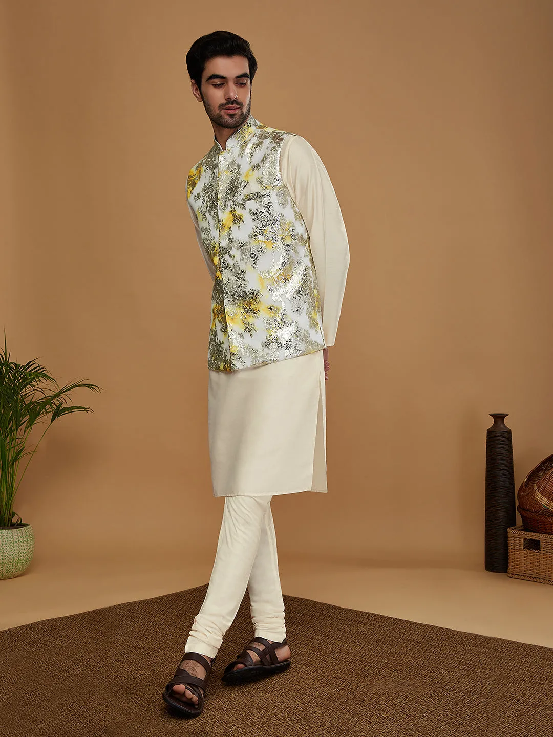 Men Off White Kurta Jacket Churidar Set