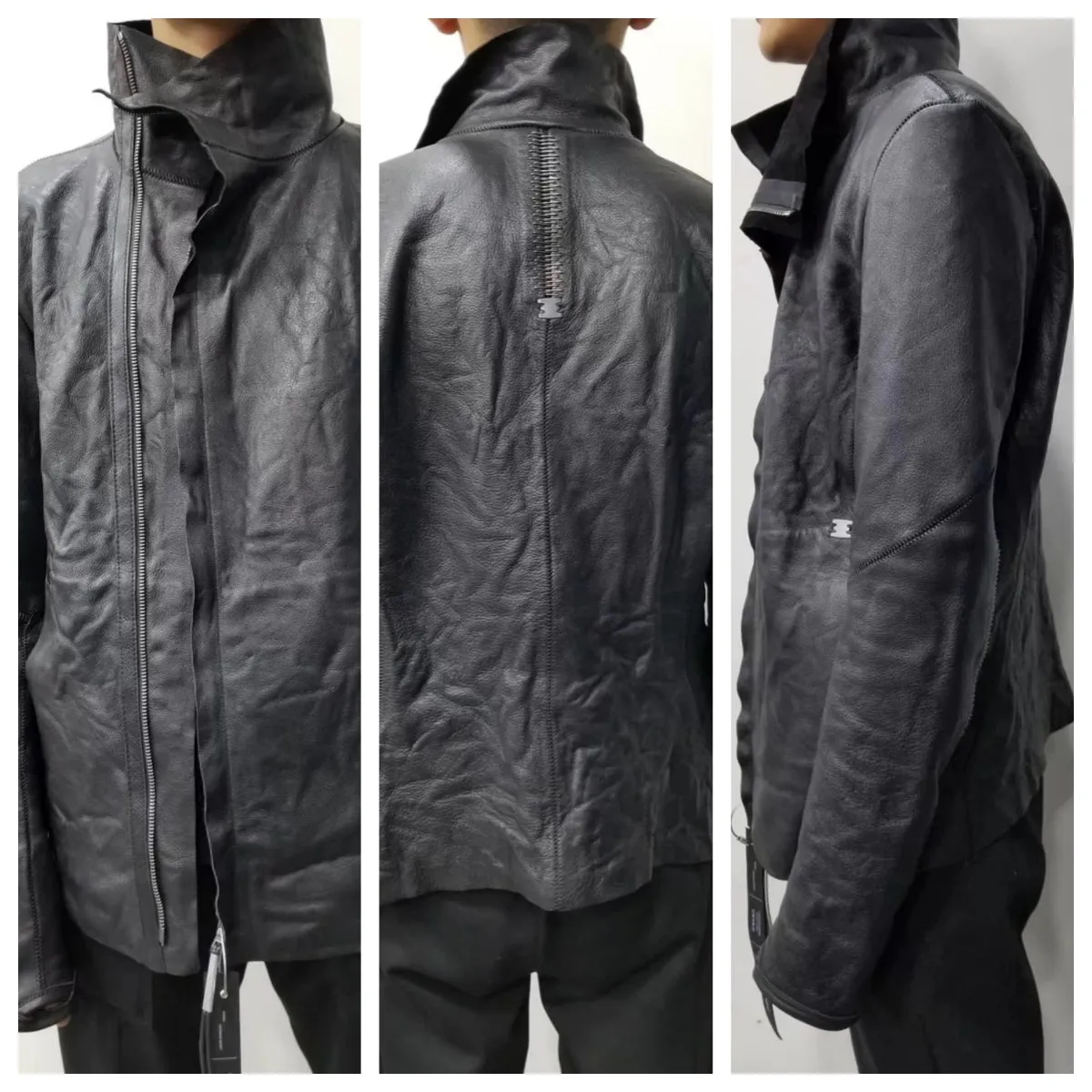 Men's Asymmetrical Crinkled Leather Jacket