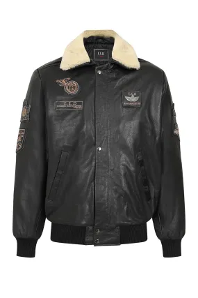 Men's Black Real Leather Pilot Jacket with Detachable Fur Collar - 'HARRY'