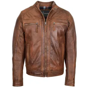 Mens Leather Biker Jacket Vintage Band Collar Fitted CALVIN Antique Brown