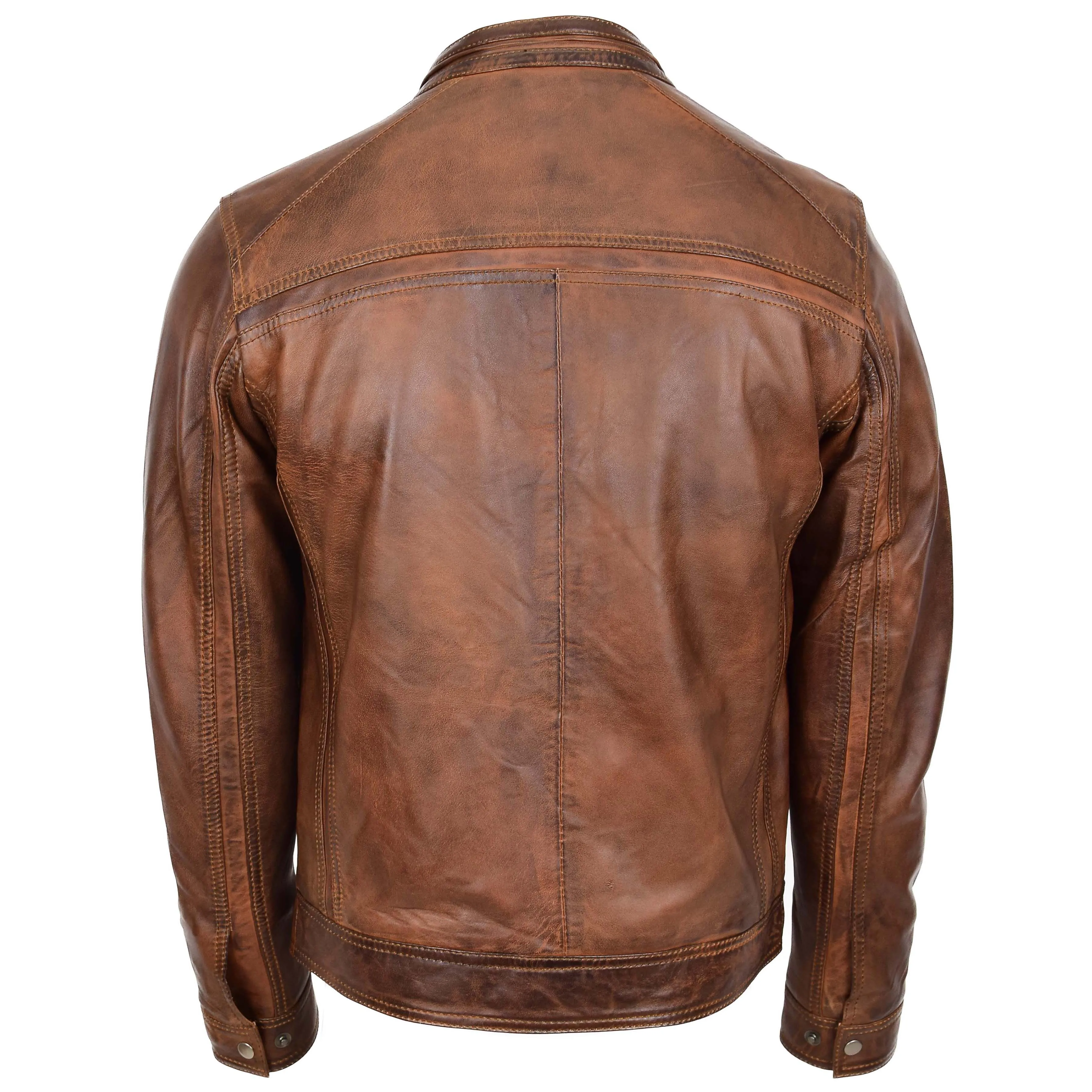 Mens Leather Biker Jacket Vintage Band Collar Fitted CALVIN Antique Brown