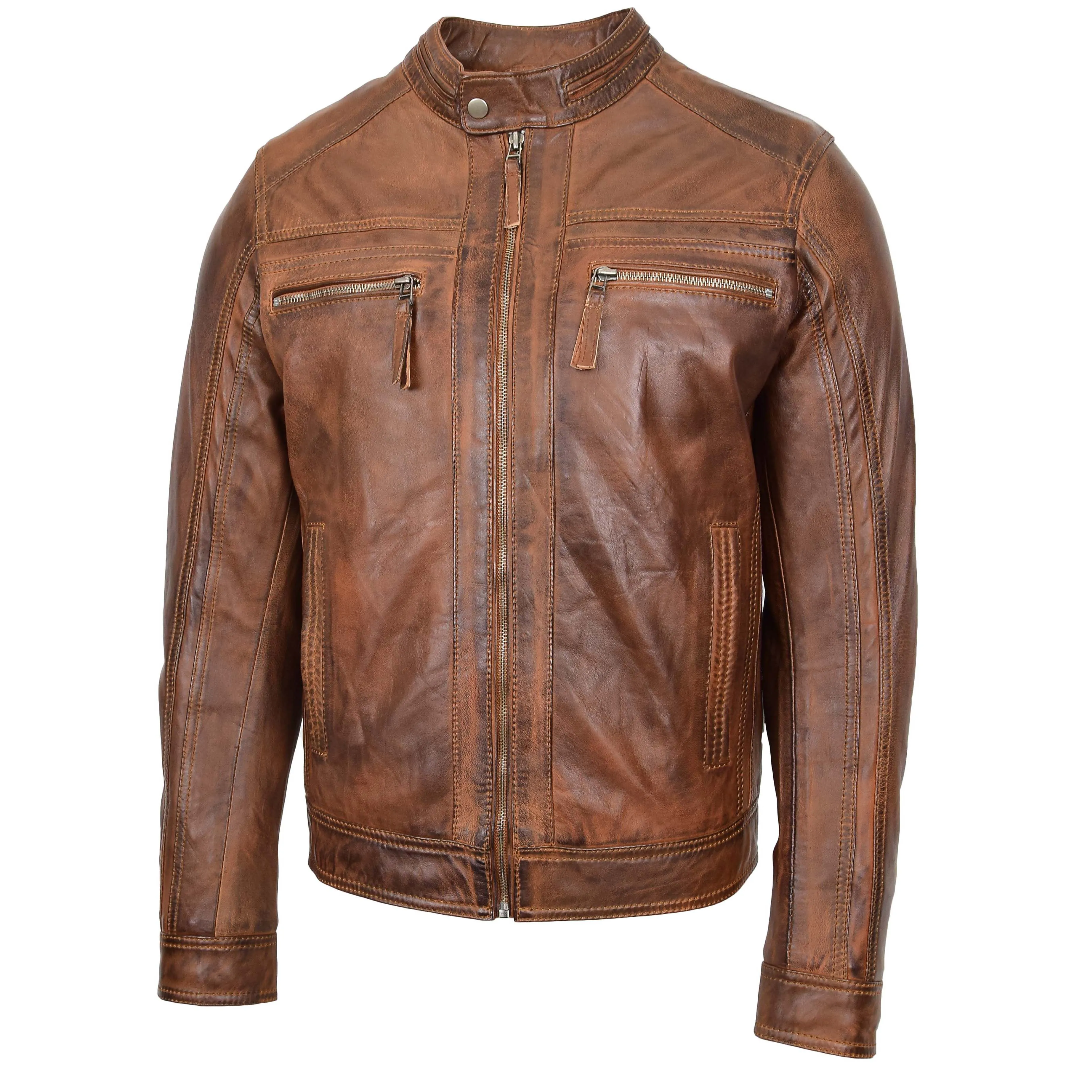 Mens Leather Biker Jacket Vintage Band Collar Fitted CALVIN Antique Brown