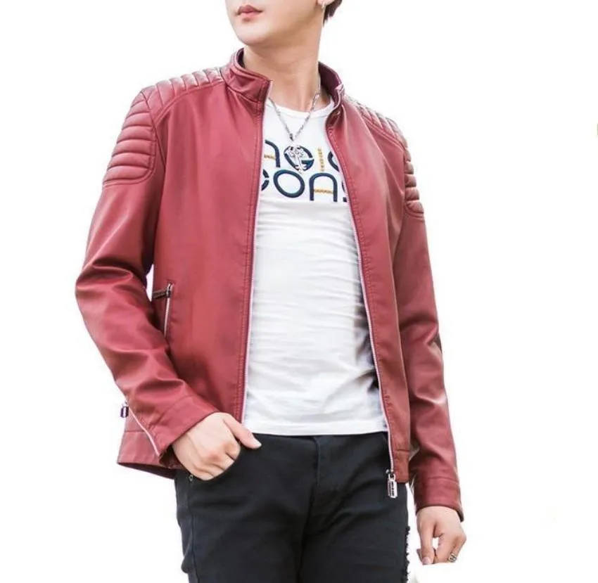 Mens Slim Fit Red Biker Faux Leather Jacket