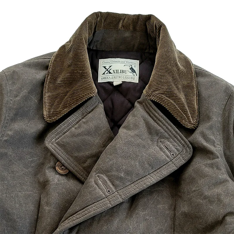 Men's Wax Pea Coat Corduroy Collar