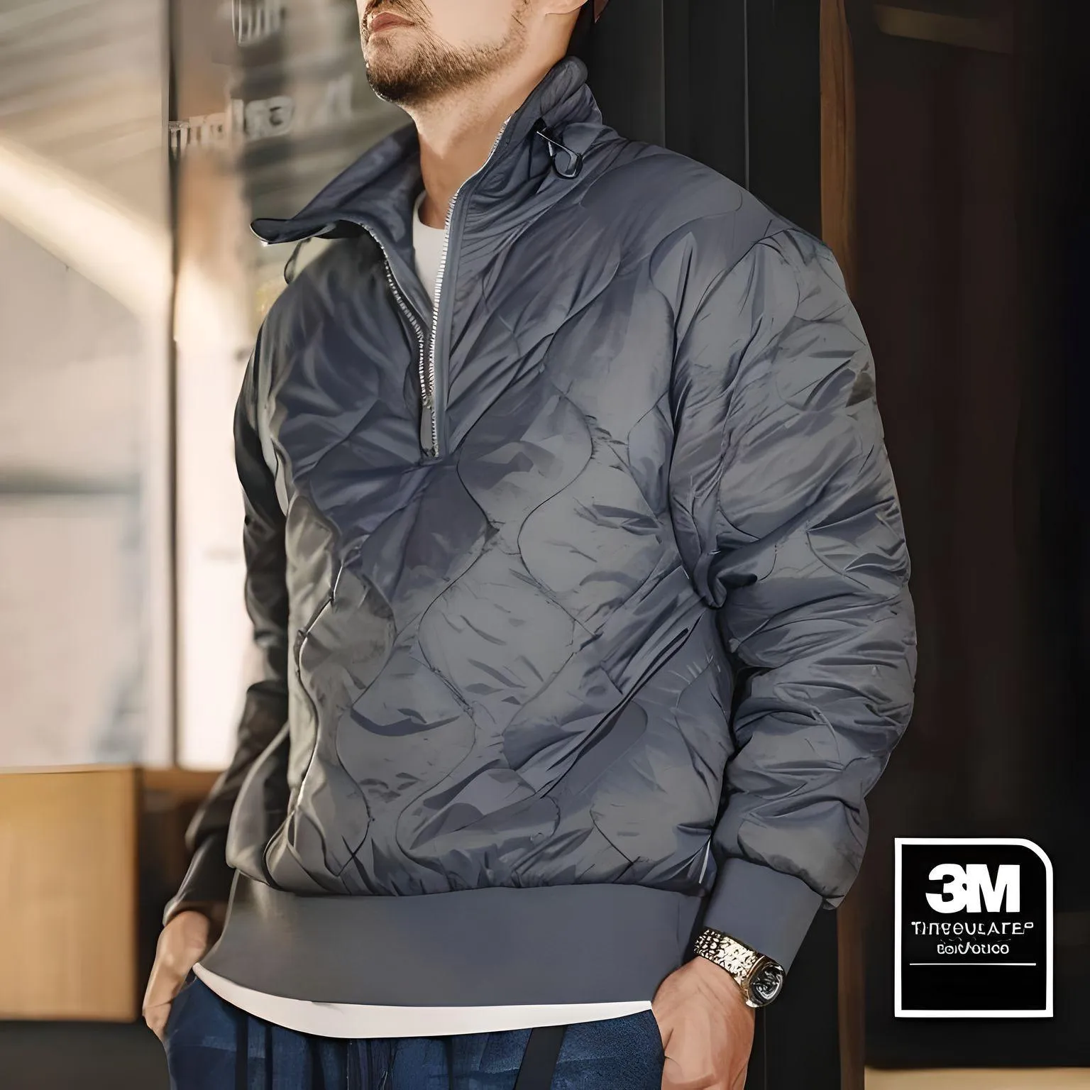 Men's Workwear Quilted Coat 3M Half Zipper Cotton Coat Stand-Up Collar Shell Pattern Quilted Pullover Warm Cotton Coat