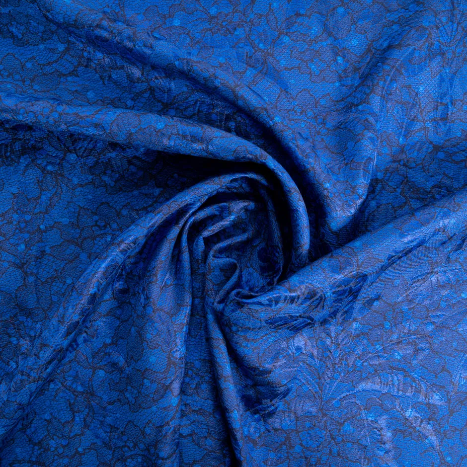 Midnight Blue Lace Printed Royal Blue Silk & Cotton Blend Cloqué