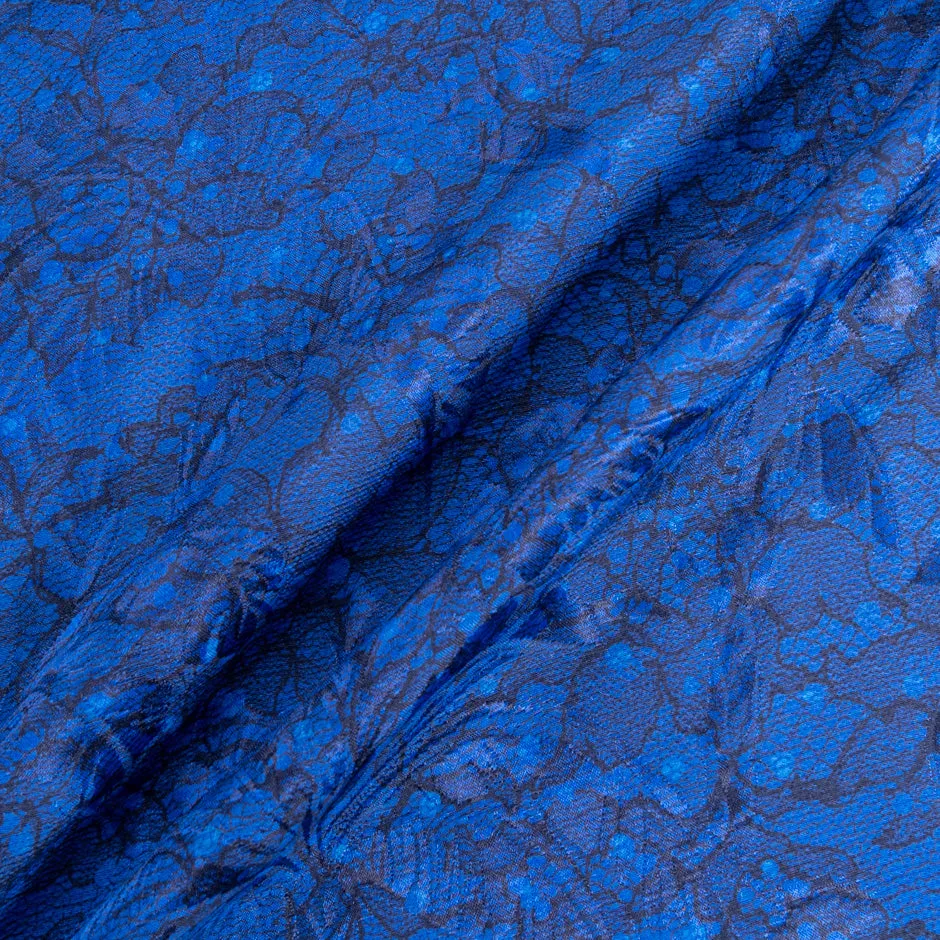 Midnight Blue Lace Printed Royal Blue Silk & Cotton Blend Cloqué