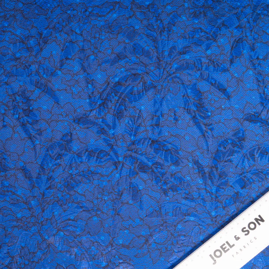 Midnight Blue Lace Printed Royal Blue Silk & Cotton Blend Cloqué