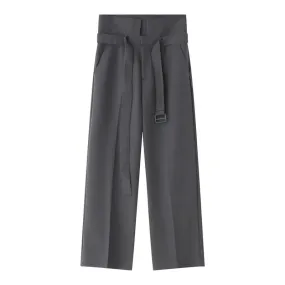 Minimalist Men's Suit Pants Casual Belt High Waist Solid Color Bottom Straight Wide Leg Loose Male Trousers Autumn 9S8