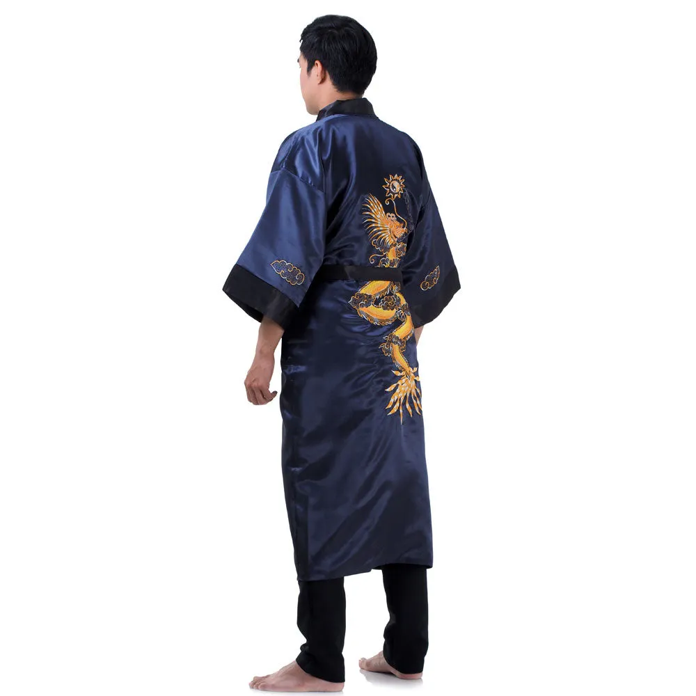 Navy Blue Qinglong Reversible Dragon Kimono Robe for Men