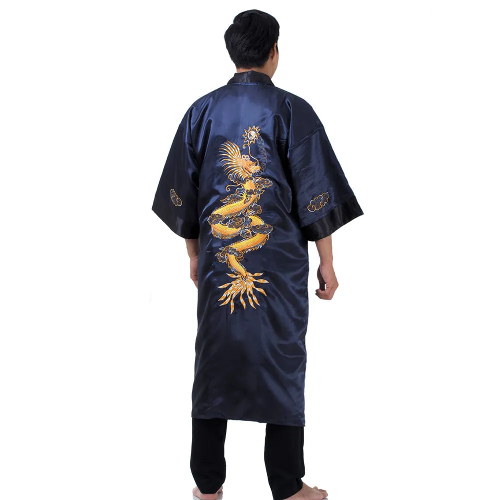 Navy Blue Qinglong Reversible Dragon Kimono Robe for Men