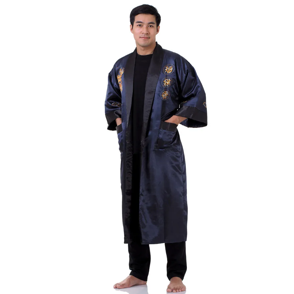 Navy Blue Qinglong Reversible Dragon Kimono Robe for Men