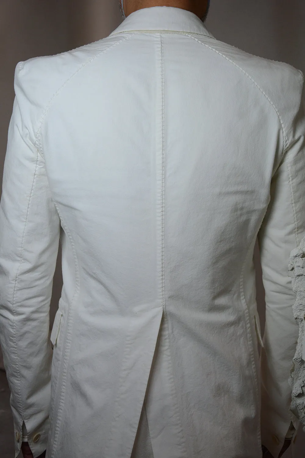 OBJECT DYED UNLINED, VISIBLE MELTLOCK, ELONGATED 2 BUTTON JACKET