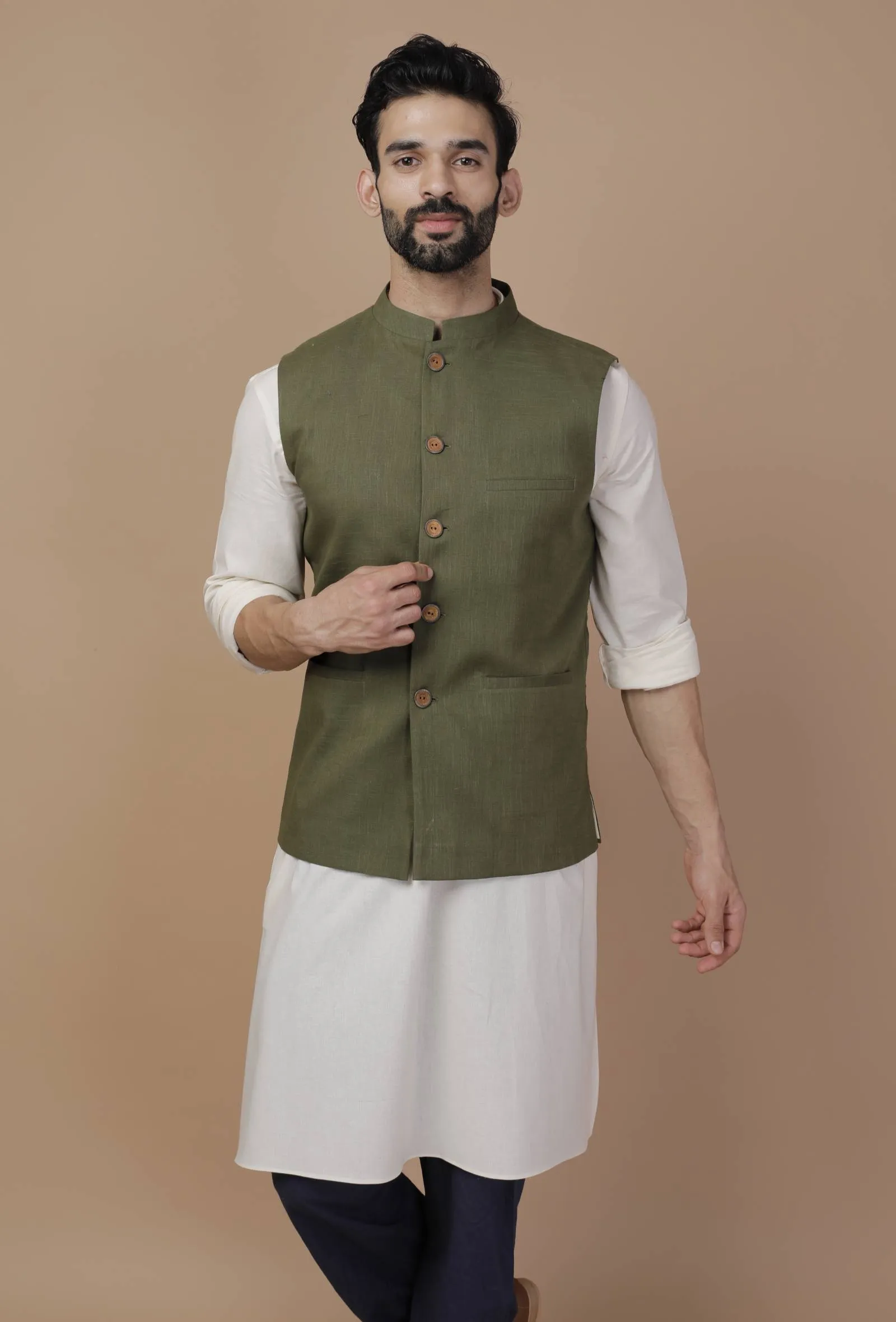 Olive Green Cotton Khadi Waistcoat