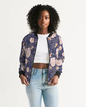 Orange Peonies Floral Orient Blue Women's Bomber Jacket