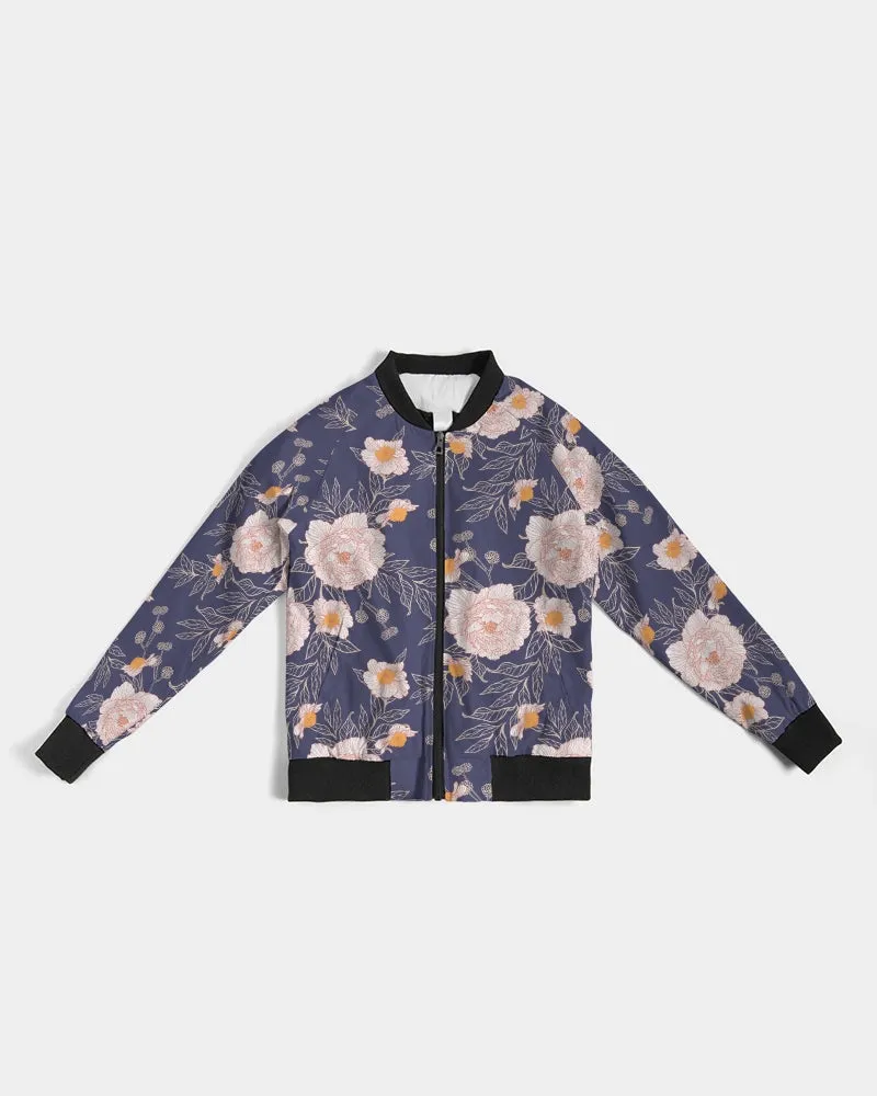 Orange Peonies Floral Orient Blue Women's Bomber Jacket