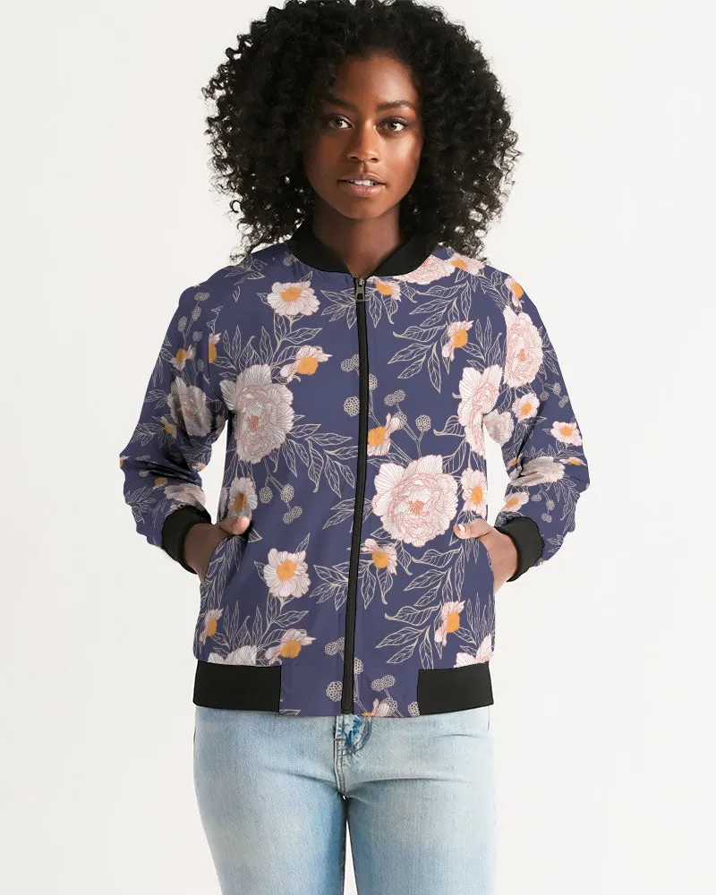 Orange Peonies Floral Orient Blue Women's Bomber Jacket