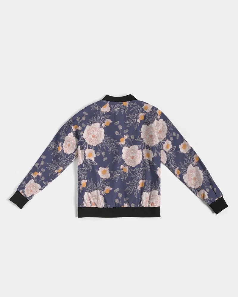 Orange Peonies Floral Orient Blue Women's Bomber Jacket