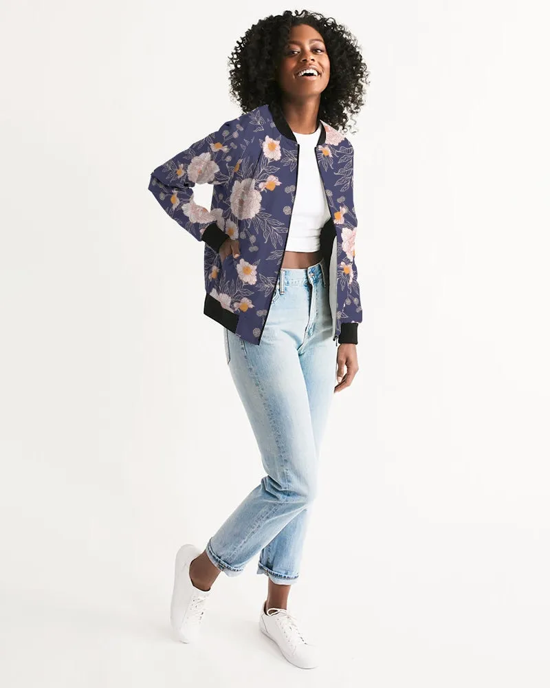 Orange Peonies Floral Orient Blue Women's Bomber Jacket