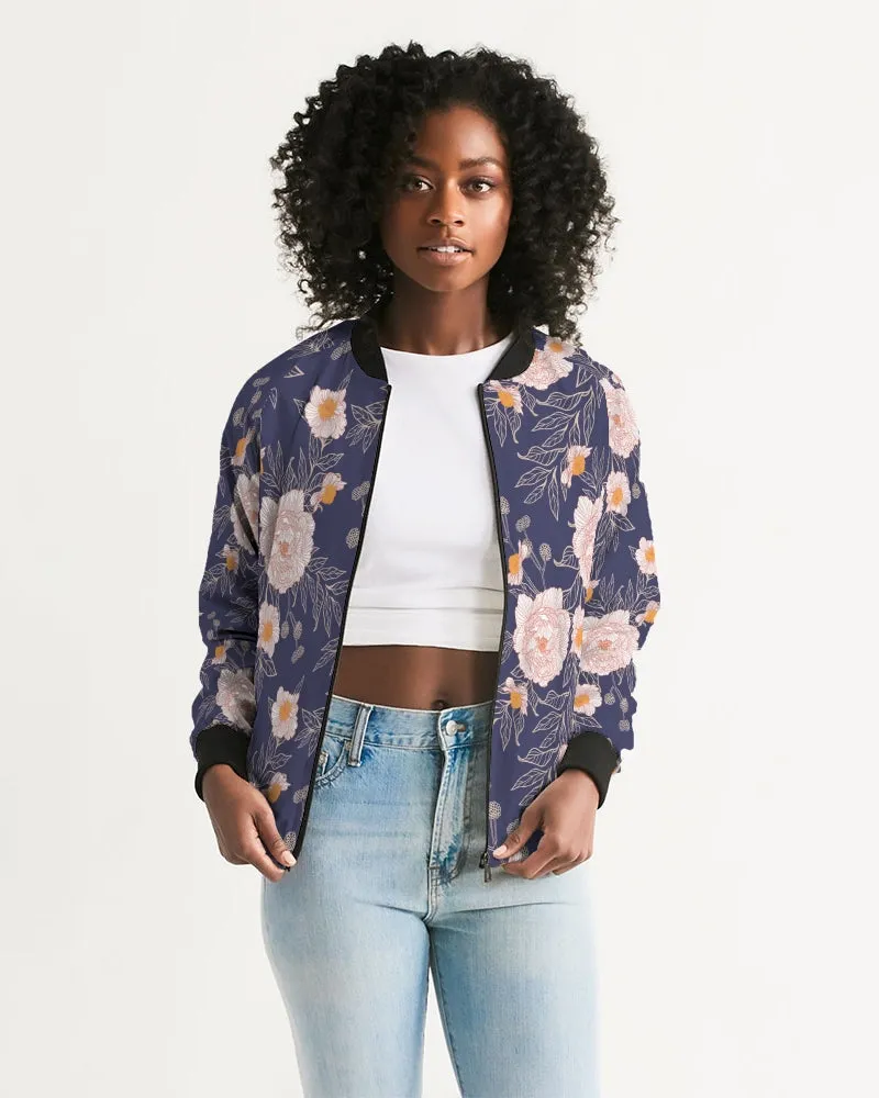 Orange Peonies Floral Orient Blue Women's Bomber Jacket