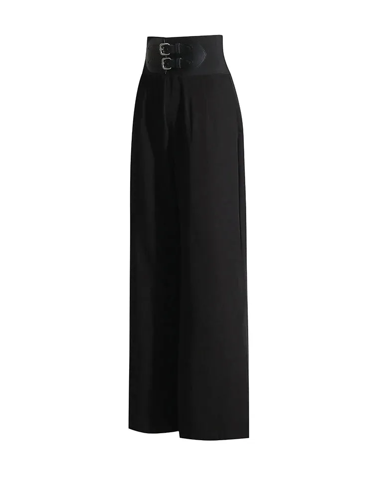 Patchwork Belt Solid Minimalist Floor Length Trousers For Women High Waist Casual Loose Wide Leg Pants Female Fashion