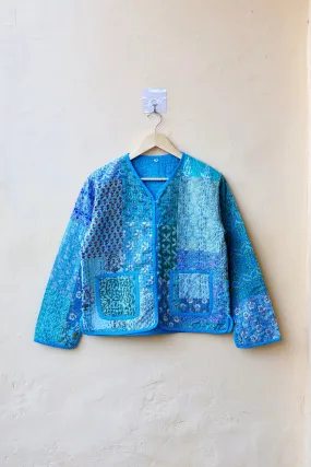 Patchwork Kantha Quilted Jacket, Indian Handmade Stylish Blue Patchwork Women's Coat, Winter Spring Reversible Kantha Jacket for Her