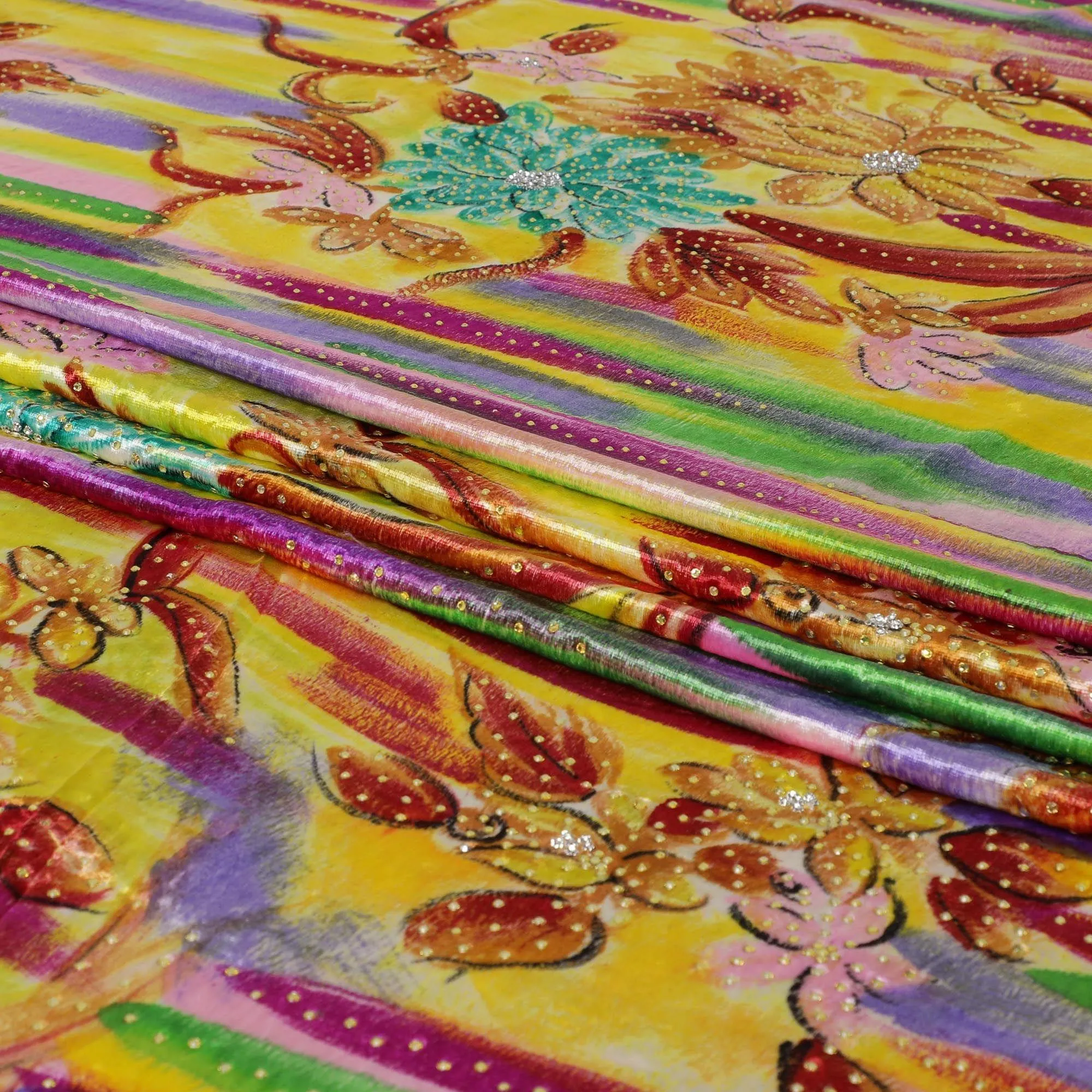 Pear green to bumblebee yellow Rayon velvet fabric with multicolor strokes and stones in floral design