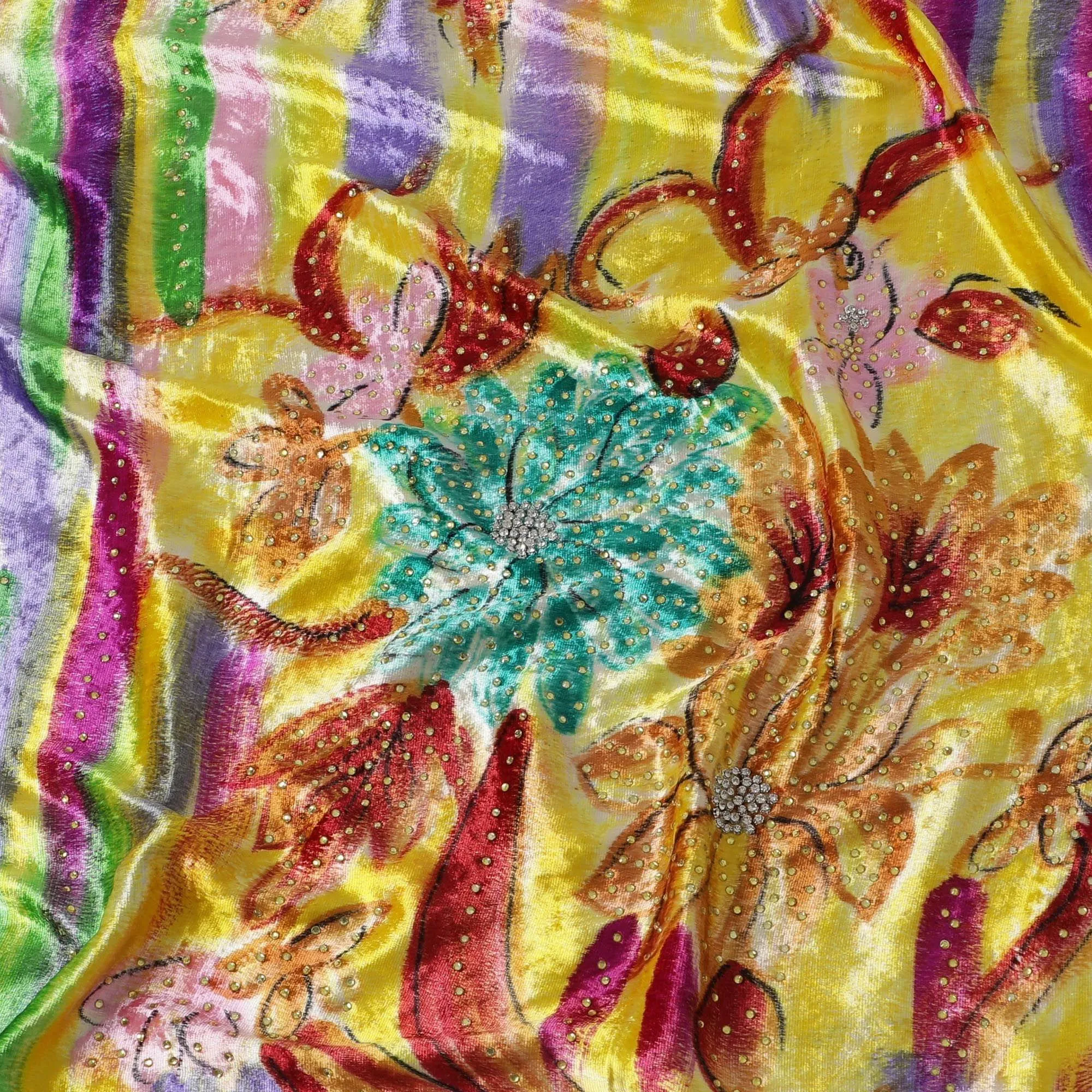 Pear green to bumblebee yellow Rayon velvet fabric with multicolor strokes and stones in floral design