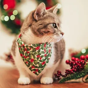 Pet Bandana - "Holiday Holly" - Christmas Red Berries & Green Bandana for Cat   Small Dog / Slide-on Bandana / Over-the-Collar (One Size)