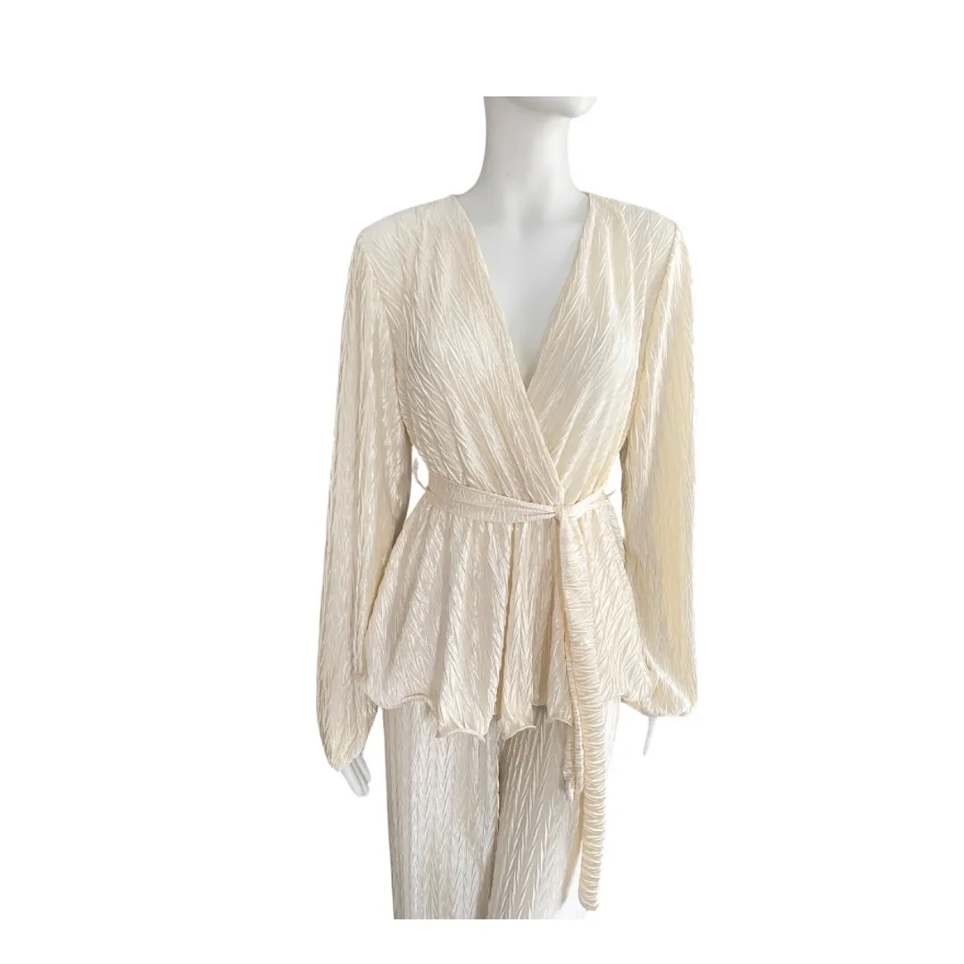 Plissé Wrap Top & Trousers  Co-ord Set Cream ONE SIZE