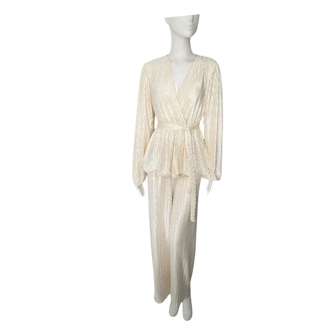 Plissé Wrap Top & Trousers  Co-ord Set Cream ONE SIZE