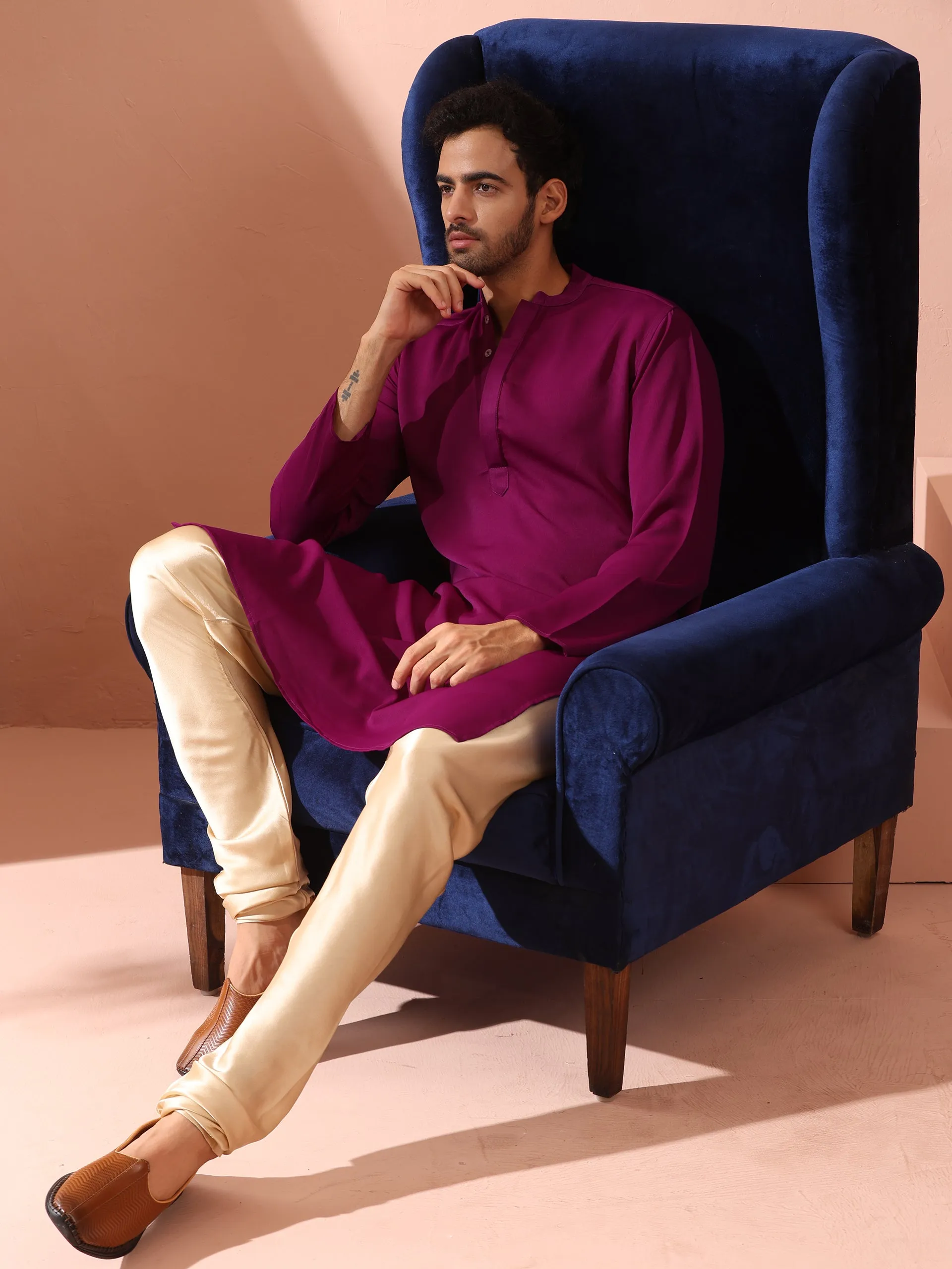 Plum Korean Fabric Kurta with Hidden Placket