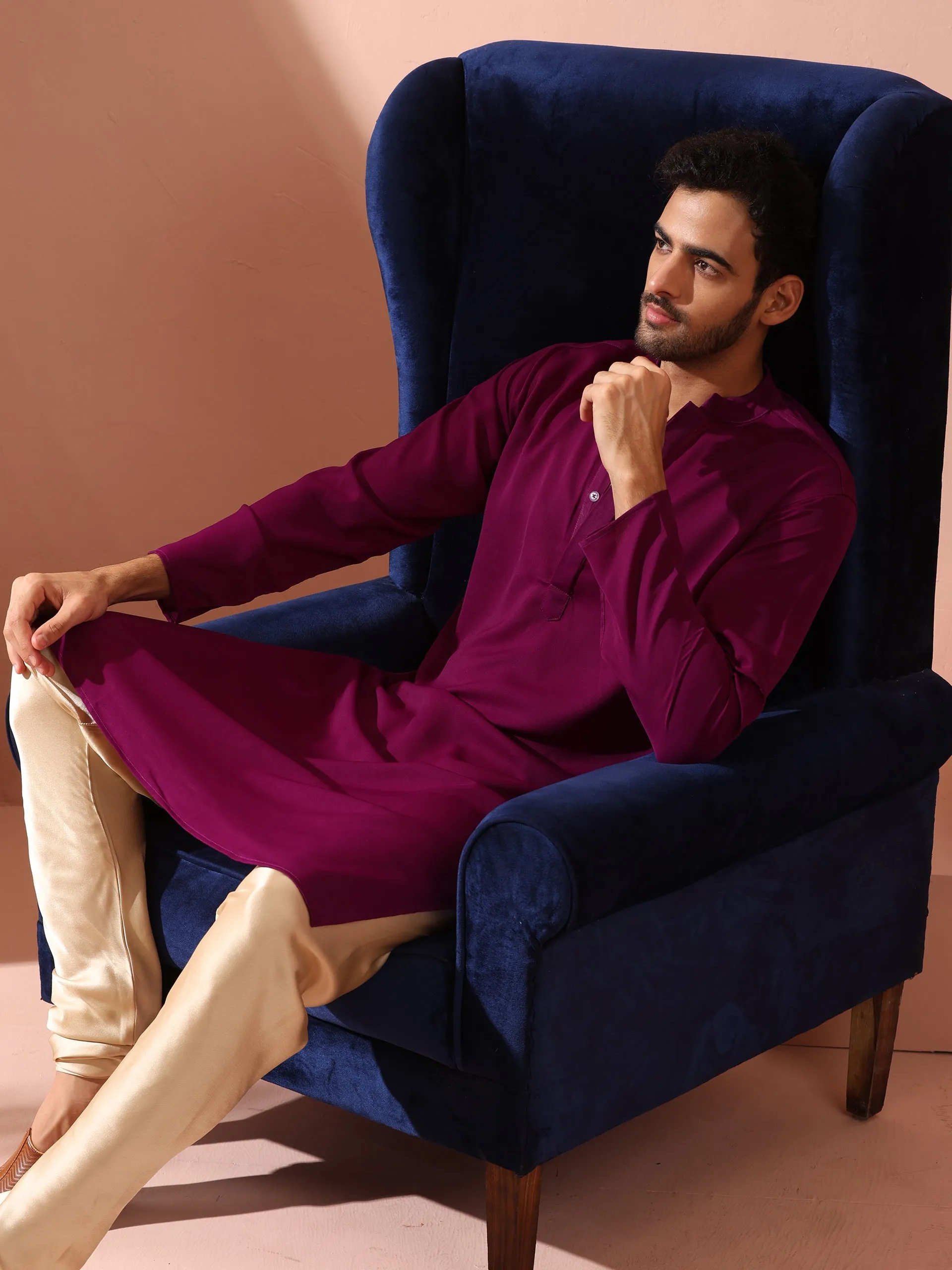 Plum Korean Fabric Kurta with Hidden Placket