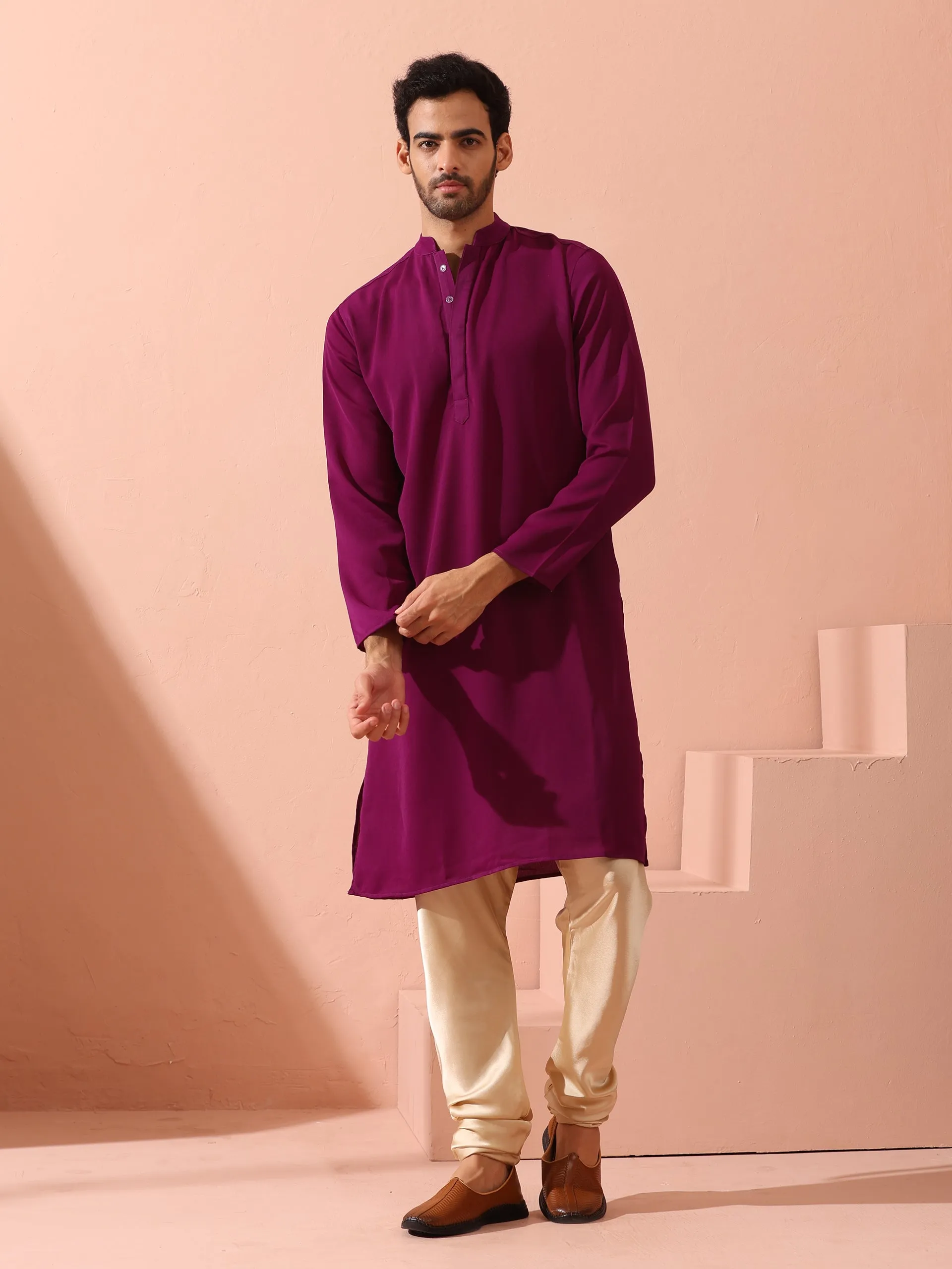 Plum Korean Fabric Kurta with Hidden Placket