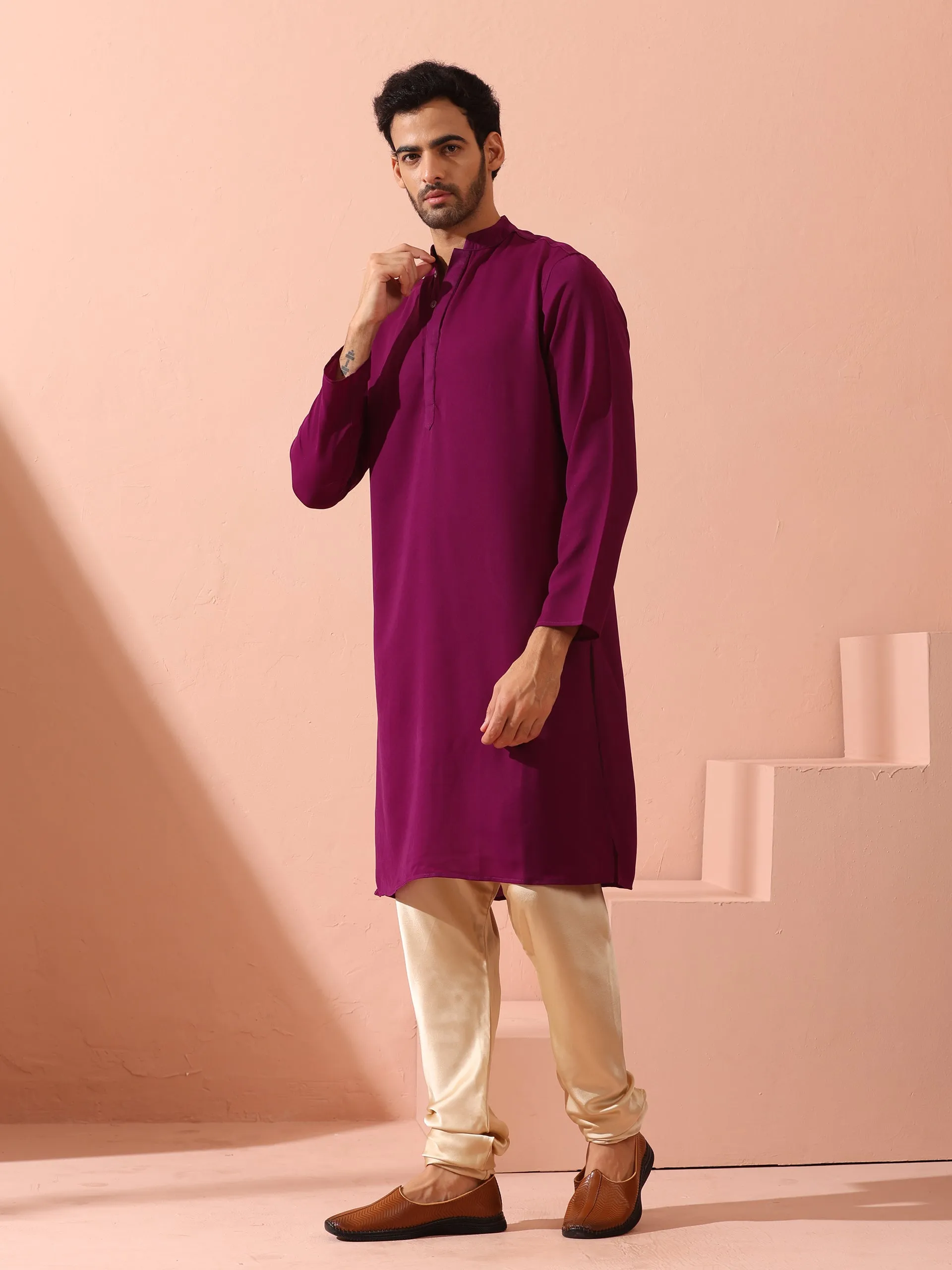 Plum Korean Fabric Kurta with Hidden Placket