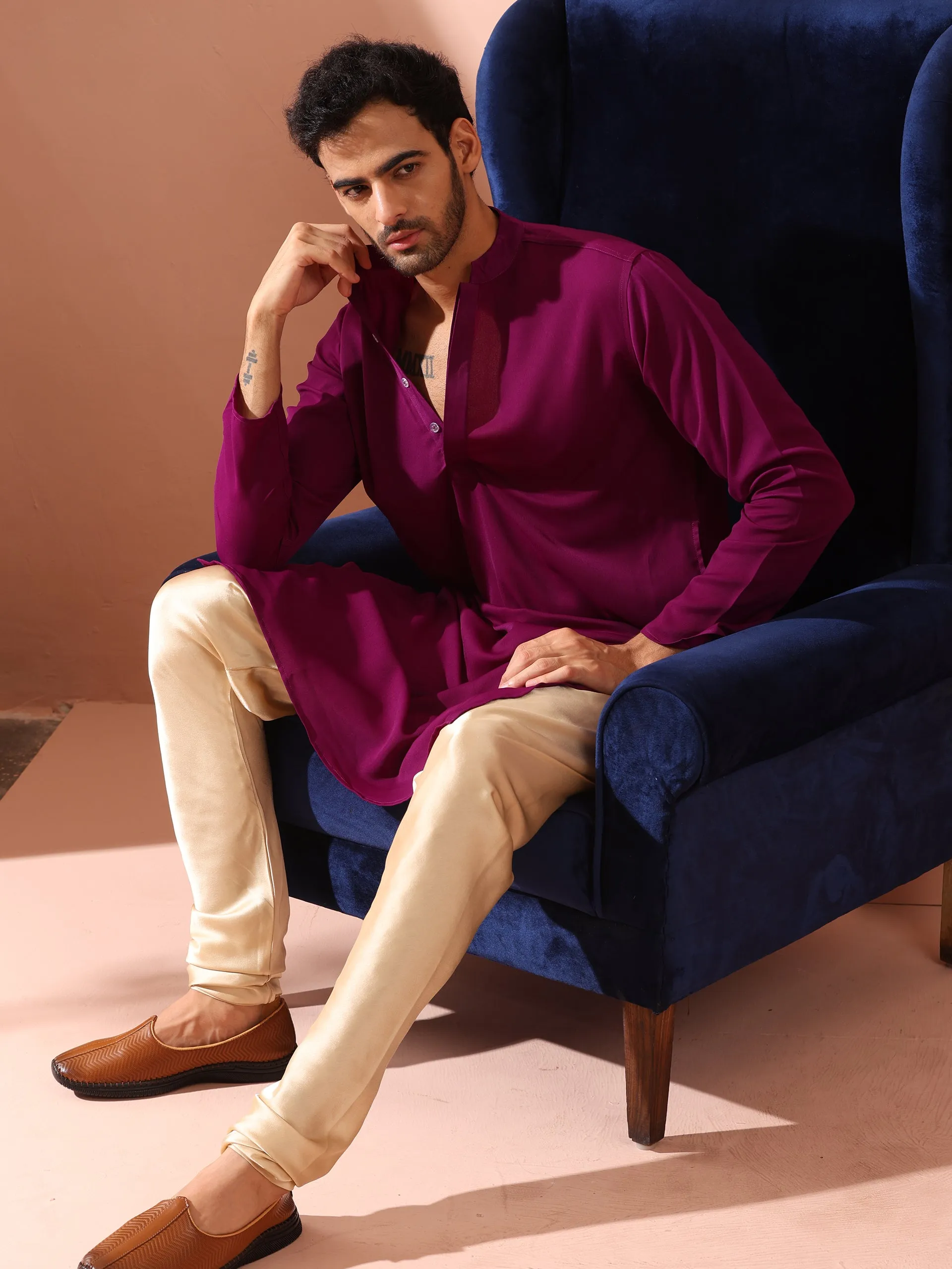 Plum Korean Fabric Kurta with Hidden Placket