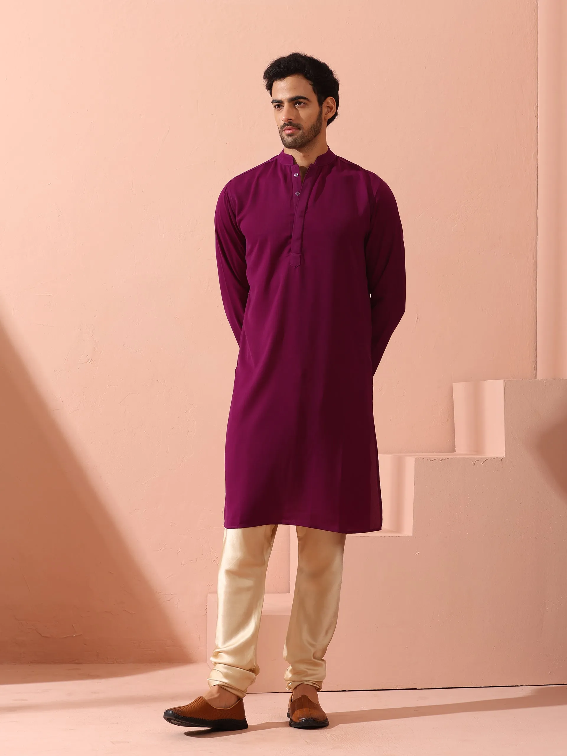 Plum Korean Fabric Kurta with Hidden Placket