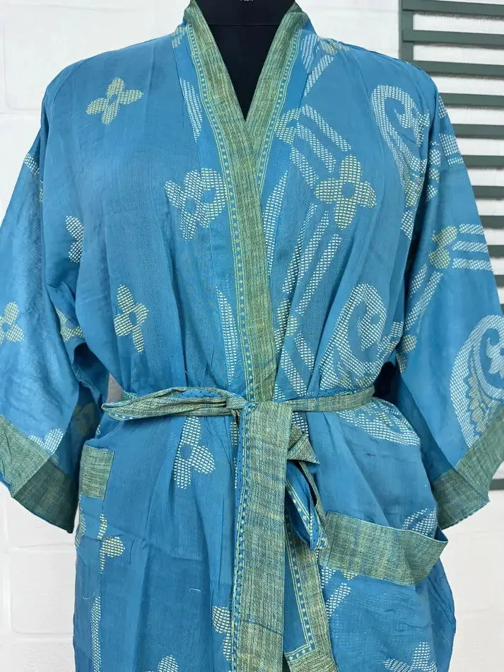 Recycled Pure Cotton Vintage Kimono Open Jacket Boho Summer TieDye House Robe, Beach Coverup | Blue Green Floral Style Print