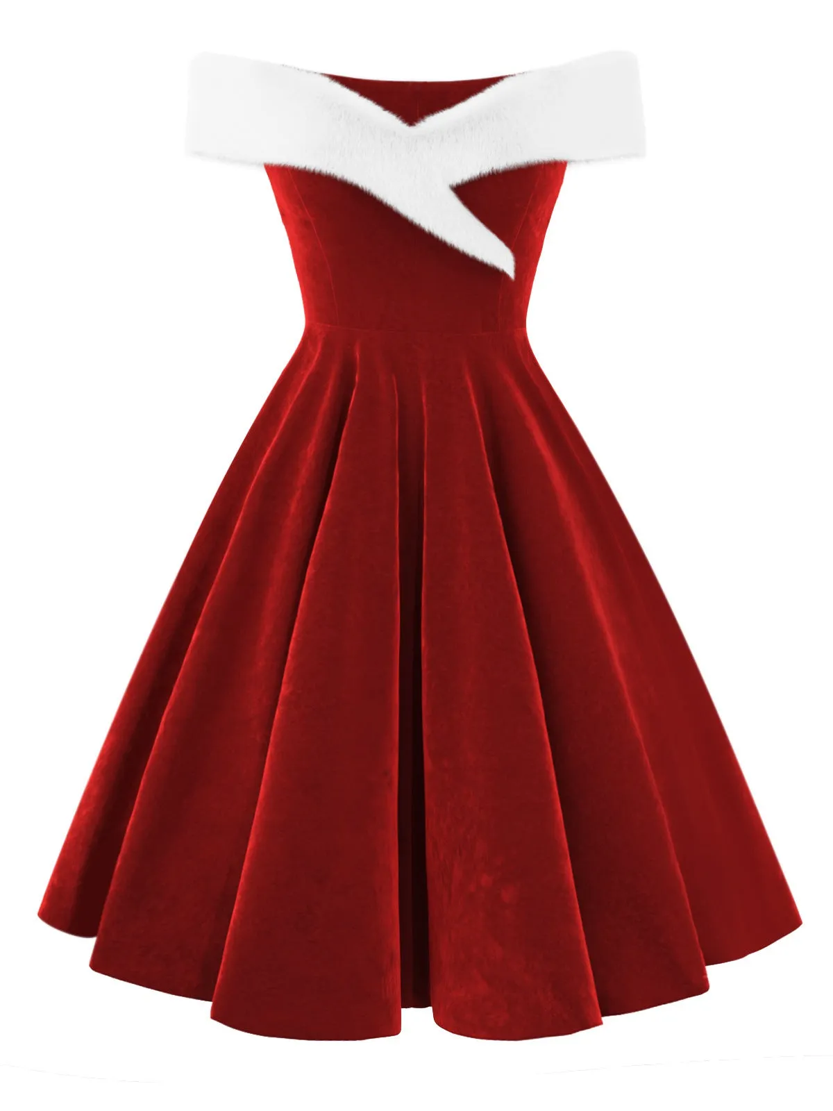 Red 1950s Christmas Off-Shoulder Velvet Dress