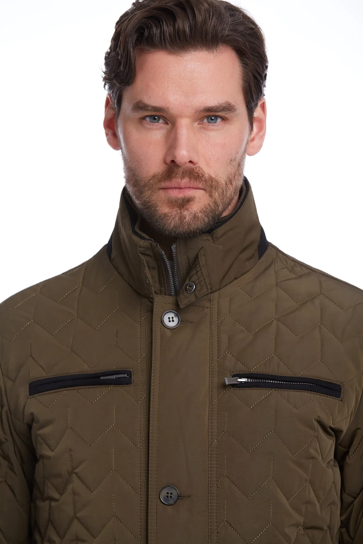 Regular Fit Quilted Stand Collar Navy Coat, Khaki