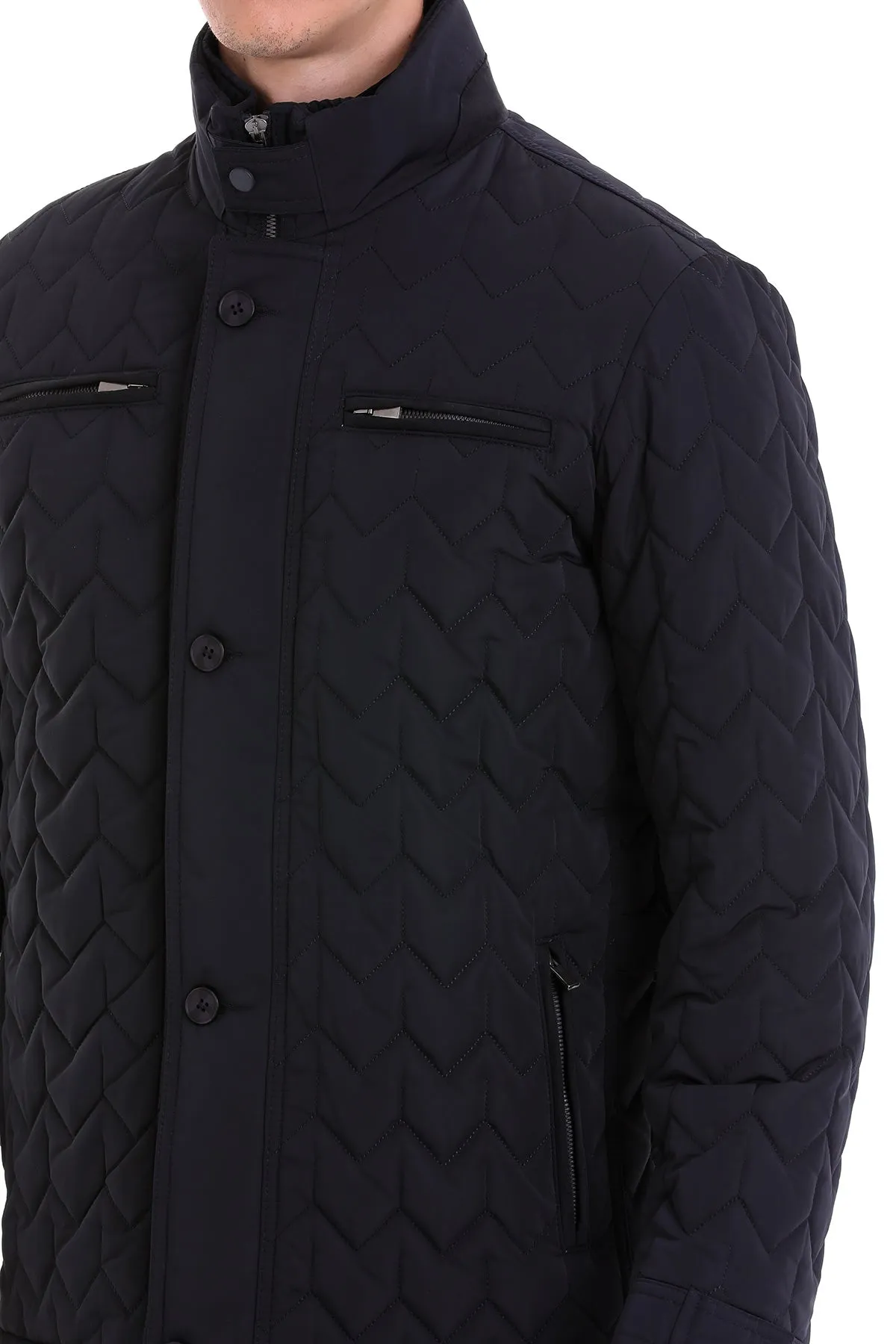 Regular Fit Quilted Stand Collar Navy Coat, Navy