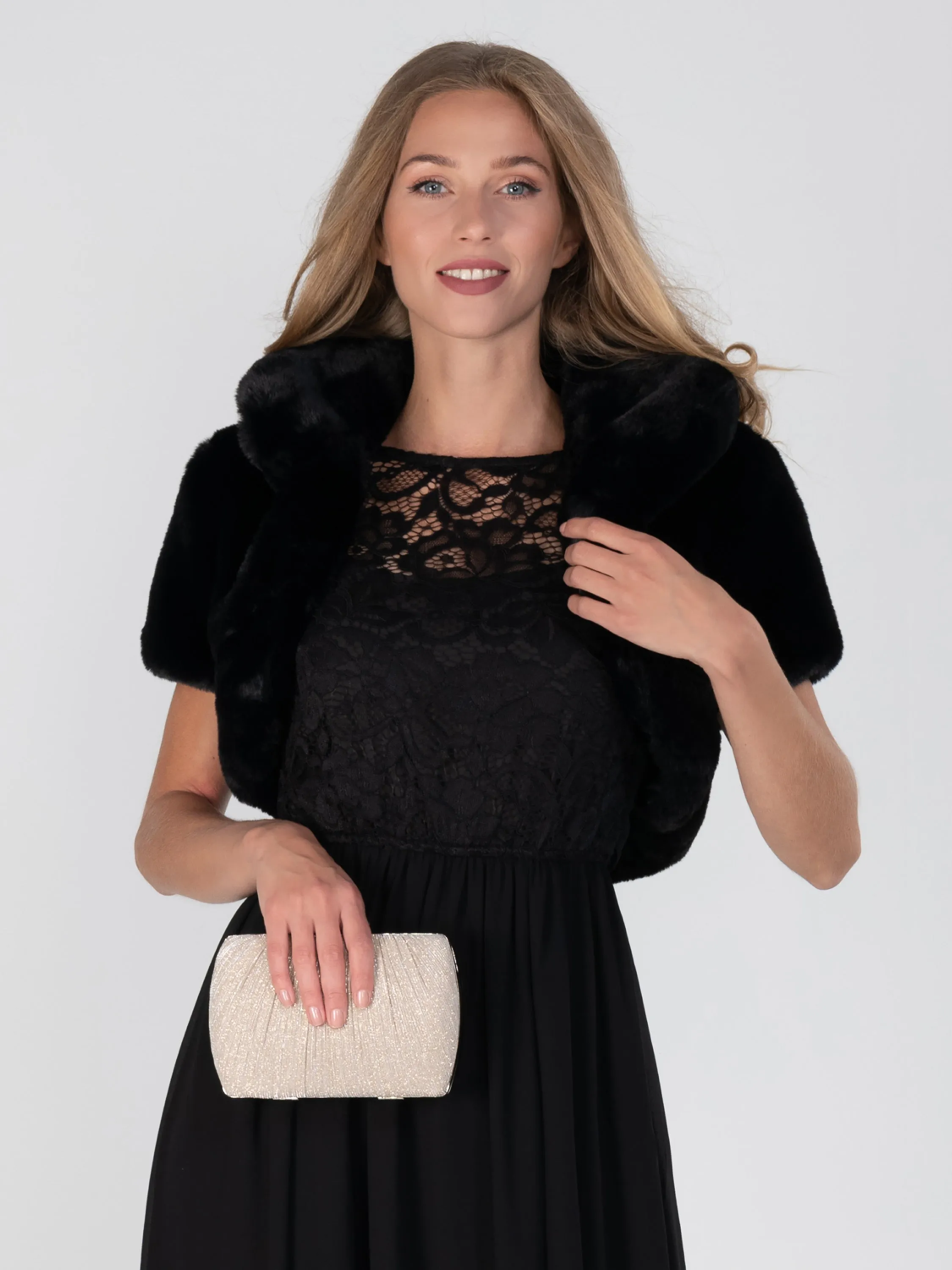 Retro Stand Collar Faux Fur Shrug, Black