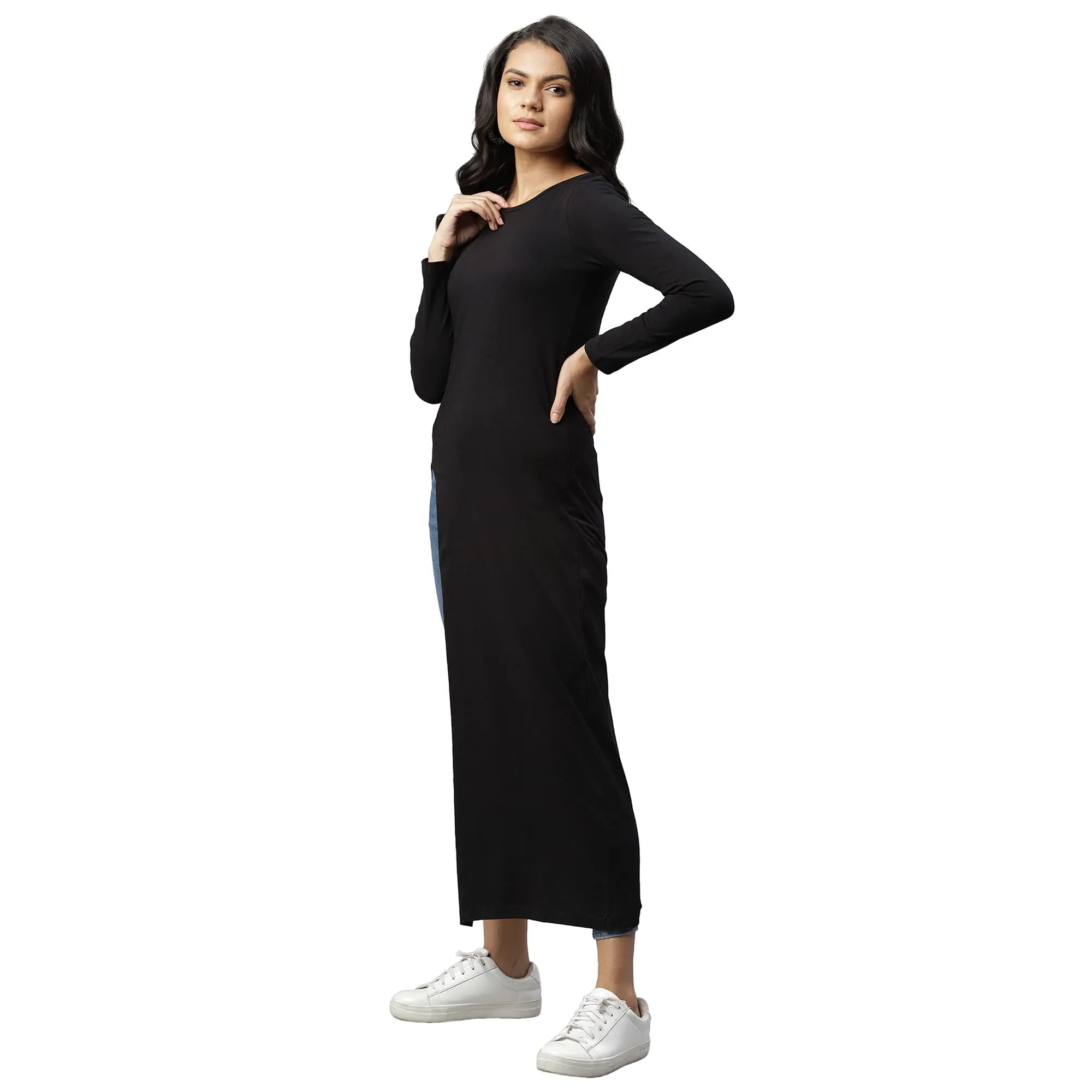 RIGO Women Black Cotton Front Slit Round Neck Maxi Full Sleeve Top