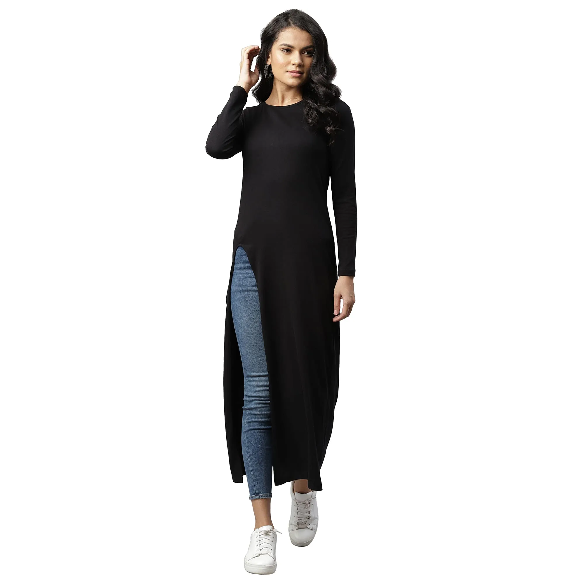 RIGO Women Black Cotton Front Slit Round Neck Maxi Full Sleeve Top