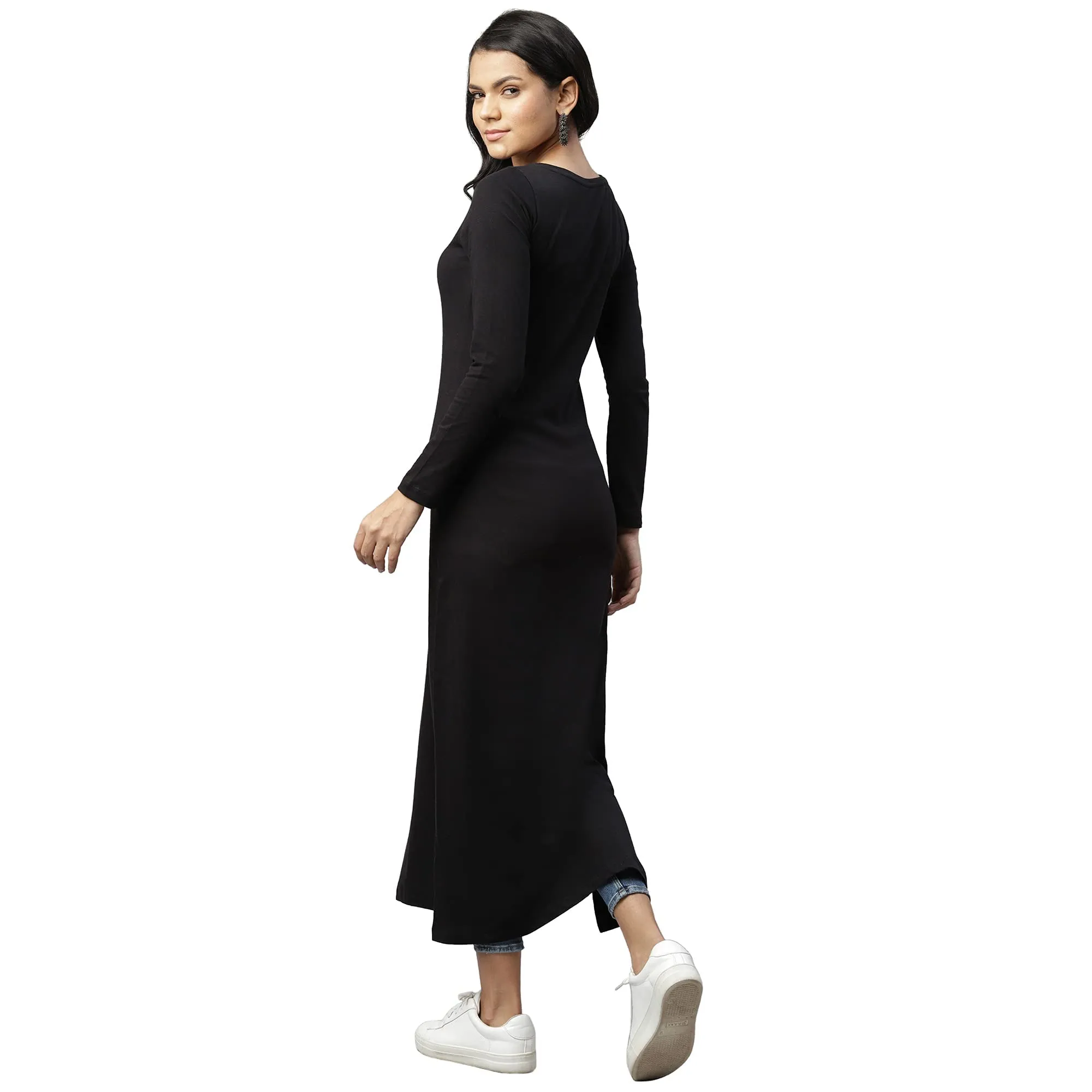 RIGO Women Black Cotton Front Slit Round Neck Maxi Full Sleeve Top